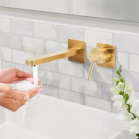 Robinet de Lavabo Encastré, Robinet de Salle de Bain 2 Trous en Laiton Massif, Mitigeur Salle de Bain avec Aérateur M24 Amovible pour Lavabo de Salle de Bain ou Hôtel, Or (1/5)