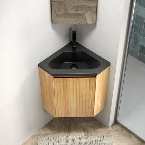 Meuble vasque mural coin-Noir mat-Armoire triangulaire-54,5x38,5x50cm(robinet non fourni) (1/5)