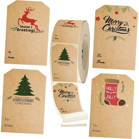 Ulisem 300pc / rouleau d'arbre Noël rectangulaire d'arbre Noël en forme papier kraft autocollant Tags - cadeau Étiquetage autocollant d ' (1/5)