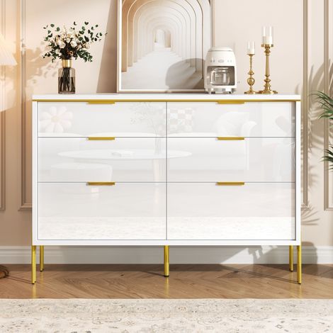 Kommode mit 6 Schubladen – 120 x 40 x 85,5 cm – glänzend lackierte Fronten – weiß und Orfarben