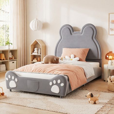 Cama infantil 90x200 cm forma de oso gris, terciopelo suave, sin colchón FloraGrace (1/5)