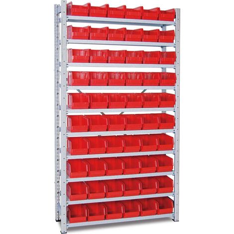 BRB Steckregal verzinkt, 10 Böden, BxTxH 1070x315x2 mm mit 60 Sichtboxen LB 4 rot (1/2)