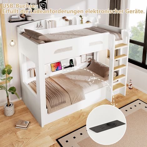 Lit superposé enfant 90x200cm avec prise USB et rangements - MDF+pin - blanc (1/5)
