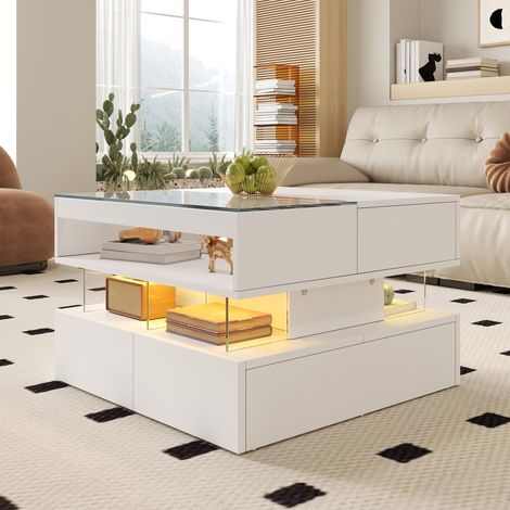 Table basse réglable en hauteur pour le salon, avec éclairage 16 couleurs, plateau en verre et supports en acrylique.