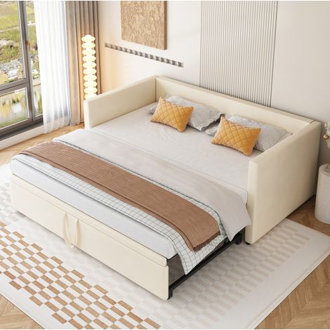 Sofa cama 90x200 cm beige tapizado, extensible a 180x200 cm con lamas (1/5)