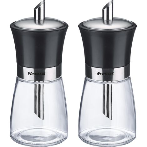 Westmark 2 Dispenser per zucchero Blacky – Ideale per la ristorazione o per la casa, 190 ml, Vetro/Acciaio inossidabile/Plastica – Trasparente/Nero/Argento, 635922E3
