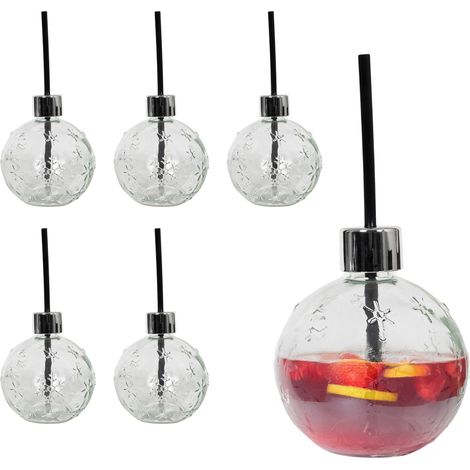 Christbaumkugel Trinkglas 400 ml - 6er Set - Weihnachtskugel Schneeflocken Punsch Glas mit Strohhalm - Design Punschglas mit Trinkhalm Getränke Glas