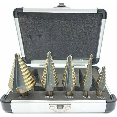 5-piece countersunk drill bits, stepped drill bits with professional aluminum case, hexagonal shank, with self-centering pad for precision drilling in steel and metal (1/5)