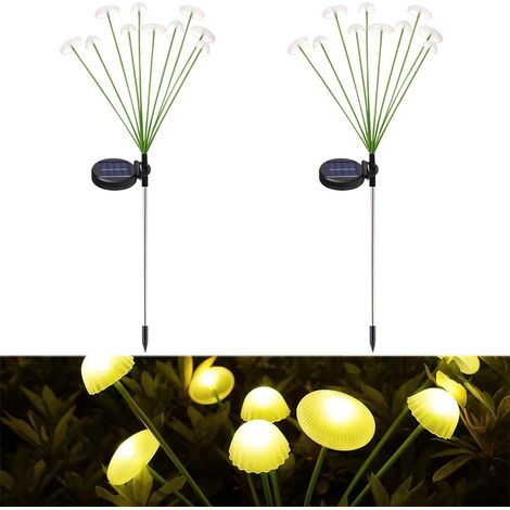 Lot de 2 lampes allée en forme de champignon, 10 têtes, solaires pour la décoration de jardin, idéales, pelouse et extérieur . (1/5)