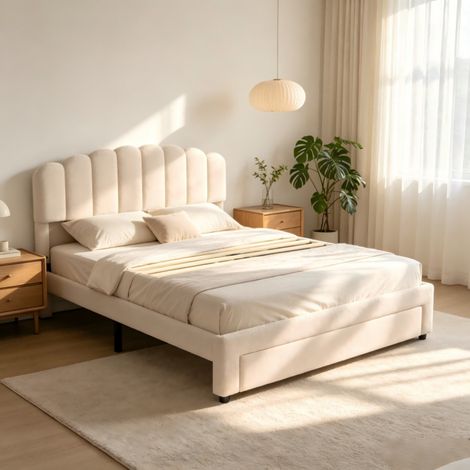Lit double coffre 160x200, Lit avec Sommier avec 1 tiroir, Lit rembourré 2 Personnes avec USB et Type c, Tête de élastique Réglable en Hauteur, beige, velours, sans matelas (1/5)