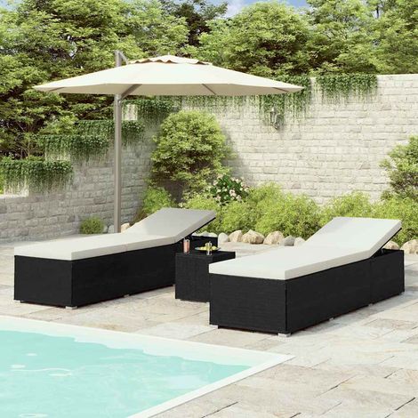 vidaXL Chaises longues de jardin table à thé 3 pcs Résine tressée Noir (1/5)