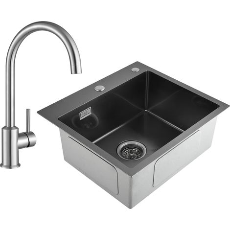 Cecipa 2 en 1 évier de cuisine 1 bac 50 x 45 x 18,5 cm noir gris + Robinet de cuisine Brossé (1/5)