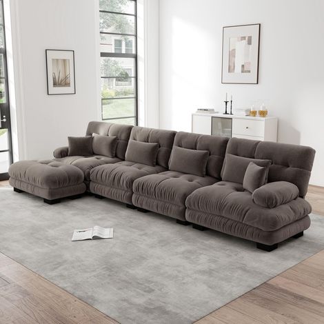 Canapé d'angle modulable, ensemble canapé en L pour salon, canapé nuage confortable 4 places avec pouf amovible, combinaison à composer soi-même, chenille, marron