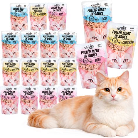 Aliment humide pour chat TufTuf, mélange de saveurs, sachets de 20 x 100 g, morceaux effilochés (1/4)