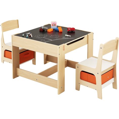 Set tavolo e sedie per bambini VEVOR, in legno, con vano contenitore, tavolo lavagna e 2 sedie - Finitura in legno naturale (1/2)