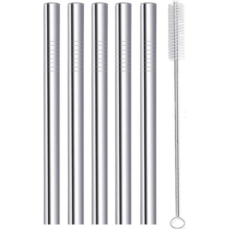 Pajitas reutilizables de acero inoxidable para té de burbujas, 12 mm de ancho, 215 mm de largo, con cepillo de limpieza, paquete de 5 (1/4)