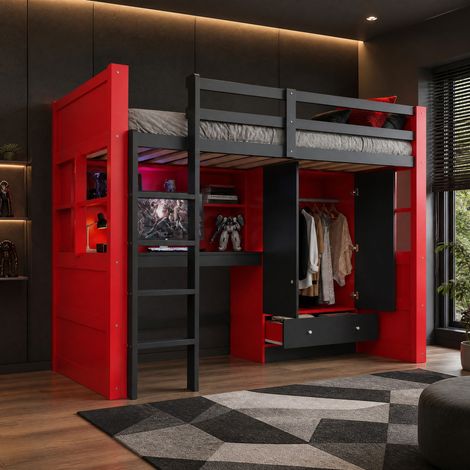 Lit mezzanine 90 x 200 cm avec bureau, rangements, LED, prises, échelle, noir et rouge (1/5)