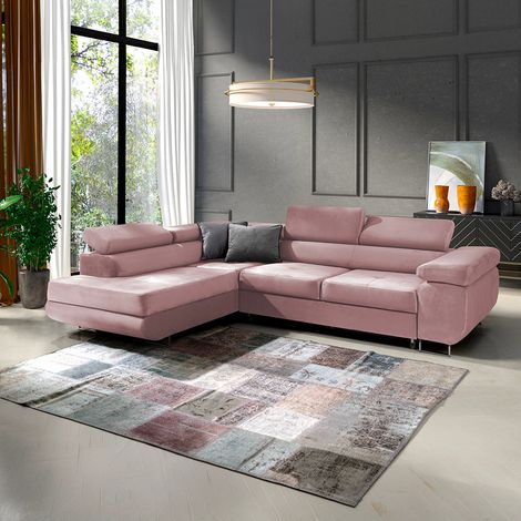 Canapé d'angle convertible gauche 4 places Wilson velours Rose (1/5)