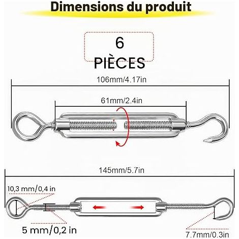Wire Tensioner Tensioner M4 Hook Turnbuckle Eye Set Stainless steel, adjustable design, fence and outdoor laundry line (1/4)