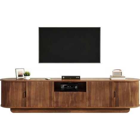 Meuble TV bas avec portes coulissantes, façade ondulée 3D, niche ouverte, tiroir et rangement fermé, en MDF et panneau de particules, bois foncé, 200 cm  CHICFURN (1/5)