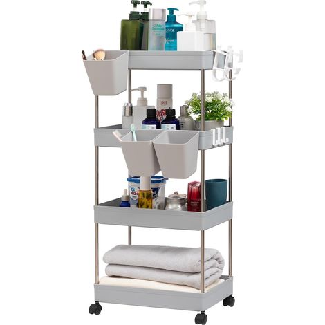 Chariot de Rangement en à 4 Niveaux Chariot à roulettes avec Tasses Roulant Chariots de Service pour Cuisine Salle de Bain Chambre Bureau, Gris (1/5)