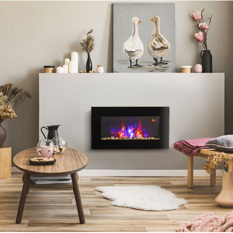 Chimenea eléctrica mural LED, 1000/2000 W, efecto llama 7 colores, negra OKMYHOME (1/5)