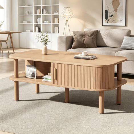 Table basse en MDF 110 x 55 x 45 cm, coloris naturel, avec porte coulissante et double rangement (1/5)