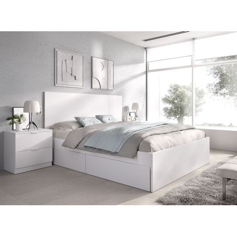 DEKIT LAGO - CAMA PARA DORMITORIO 135/140X190 CON 4 CAJONES Y DOS MESITAS DE 2 CAJONES - BLANCO - 100 x 246 x 195 (1/5)