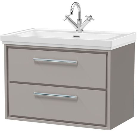 Balterley Longnor Modern Wall Hung 2-Drawer Bathroom Vanity Unit with Fireclay Basin, Pebble Grey, 800mm