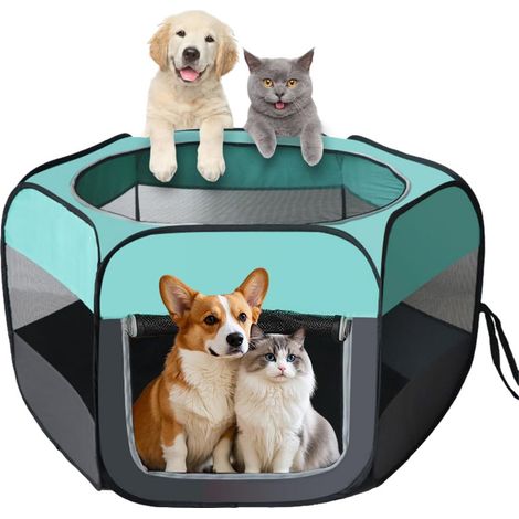 Recinto per Cuccioli, Recinto per Animali Pieghevole 110x110x60 cm, Recinto per Gatti Portatile, Recinto per Gatti con Tasca Portaoggetti, per Cani, Piccoli Animali, Interno ed Esterno (Blu Menta) (1/5)