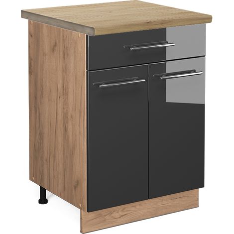 Mueble bajo de cocina Fame-Line, Antracita alto brillo, 60 cm con cajón, ET Roble, Vicco (1/5)