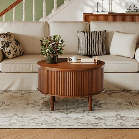 Table basse ronde avec plateau réglable et fonction coulissante, table basse réglable en hauteur à coins arrondis, 80 x 80 x 50 cm, marron (1/5)