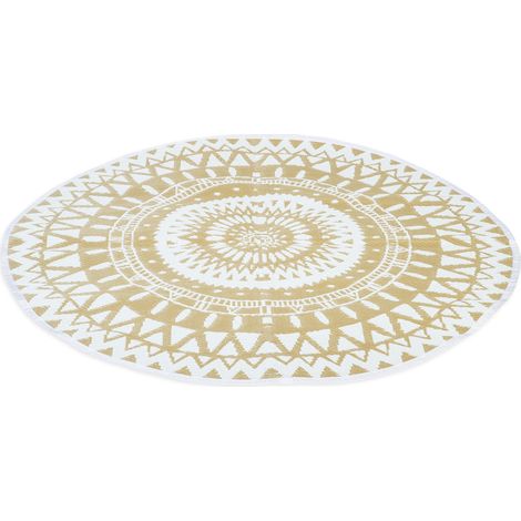 Idmarket – Tapis extérieur rond 150 cm – 100% polypropylène traité anti-UV – Motifs Maoris naturels et blancs – Résistant et facile à entretenir