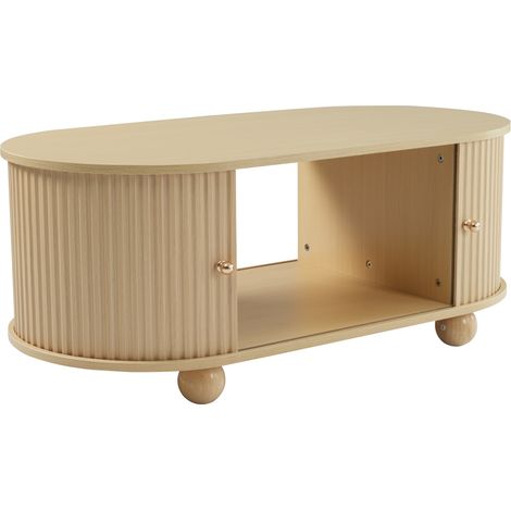 Table basse ovale avec rangement et portes coulissantes, design gain de place, finition bois, MDF, meuble de salon pour petit espace (1/5)