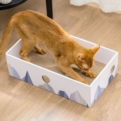 Cat Scratching Post with Box, Large Cat Scratcher, Reversible Cardboard Design, Interactive Holes, (1-Pack, Large, White) Dirt-Proof Resting Area for Indoor Cats (1/5)
