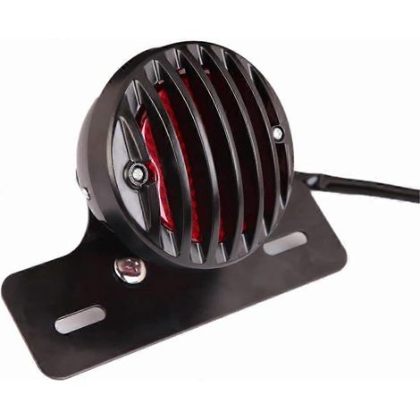 Feu arrière de moto rond à LED avec grille noire nervurée et lentille rouge, intégrant un éclairage de plaque d'immatriculation, compatible avec les motos Bobber, Chopper, Cruiser et Street. (1/5)
