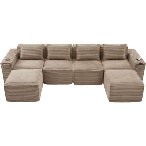 Modulares Sofa 4-Sitzer aus Cord, mit Becherhaltern und Seitentaschen, Federkern und Schaumstoff, Khaki (1/5)