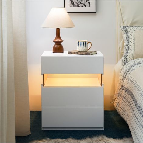 MEUBLIV Table de chevet 48x38x61 cm blanche – 3 tiroirs LED, montage requis (1/5)
