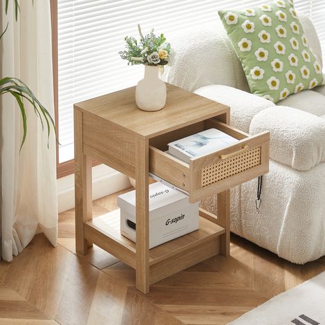 REDOM - Mesita de noche con cajón, frontal efecto ratán, guías deslizantes, diseño versátil, MDF, natural (1/5)