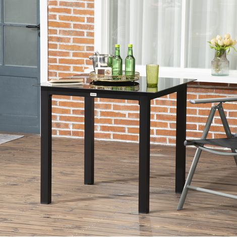 Table de jardin carrée 80x80x74 cm noire en aluminium et verre trempé avec pieds réglables (1/5)