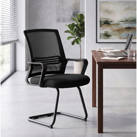 Set di 2 sedie da ufficio, schienale ergonomico in rete, base a slitta, nero DESVIAE (1/5)