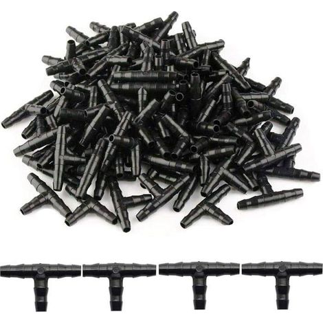 100 Pcs Tee Raccord de Tuyau 4/7mm- T Raccord Connecteur PVC d'arrosage Buse d'atomisation Goutte à Goutte Micro Spray Irrigation (1/5)