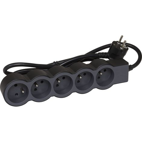 Rallonge Multiprise Extra-Plate, 5 Prises 2P+T Avec Terre, Cordon Noir 3m, Design Noir Et Gris Foncé