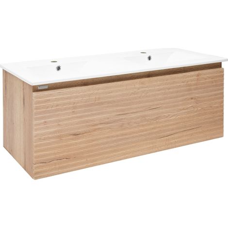 Naturel – Meuble double vasque suspendu 118x43x44,8 cm – Céramique blanche – Chêne halifax mat – SAVONA120DH