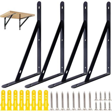 4 Pcs Equerre Etagere Murale Noir, Équerre Étagère Murale, Support Étagère en Metal Triangulaires à 90 Degrés, Support Etagere Murales pour Cuisine Salle de Bain Bibliothèque (25 x 15,5 x 1,6 cm) (1/5)