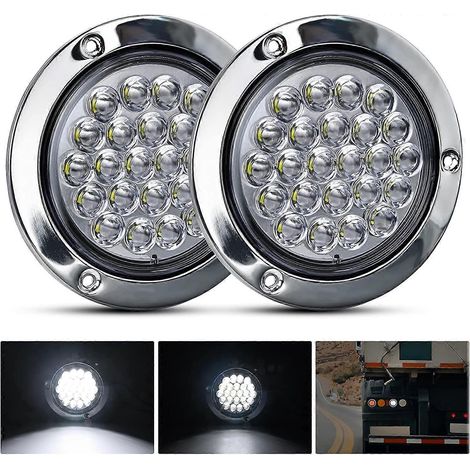 Feux arrière ronds pour remorque (2 pièces) avec 24 LED blanches, en acier inoxydable chromé, étanches, pour camion, fourgonnette, camion, camping-car et bateau. (1/5)