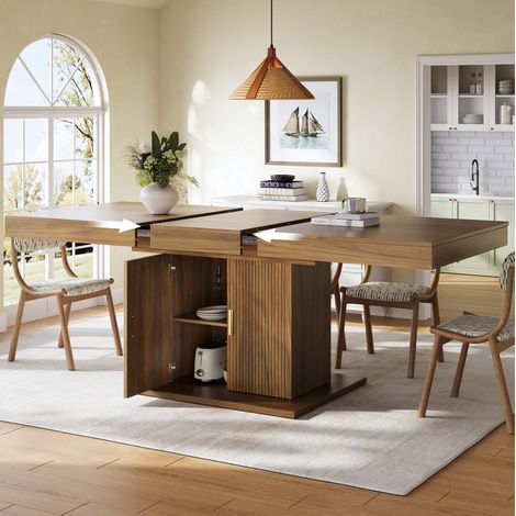 Mesa de comedor extensible (140x90x75.2 cm), con almacenamiento integrado, puertas dobles, MDF y metal, marrón (1/5)