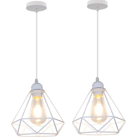 Vintage Pendant Light Fixture, Industrial Hanging Ceiling Lamp with Metal Ø20cm Diamond Cage Lampshade, E27 Holder Chandelier White 2PCS (1/5)