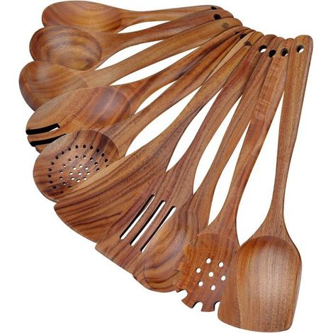 BelleRise - Ustensiles de cuisine - Set Premium 10 pièces - 100% teck - Résistant à la chaleur - Léger & anti-rayures (1/5)