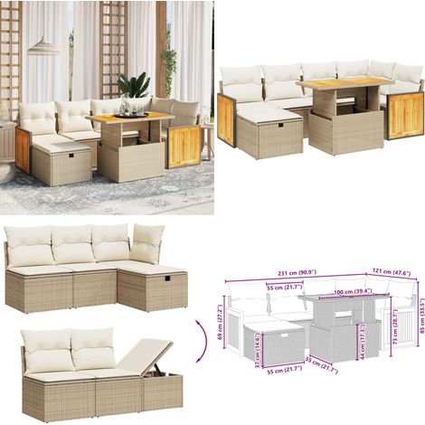 Salon de jardin avec coussins 7 pcs beige résine tressée - Ensemble Salon De Jardin - Mobilier Extérieur - Résine Tressée - Rotin Synthétique - Table Extensible - Home & Living (1/5)